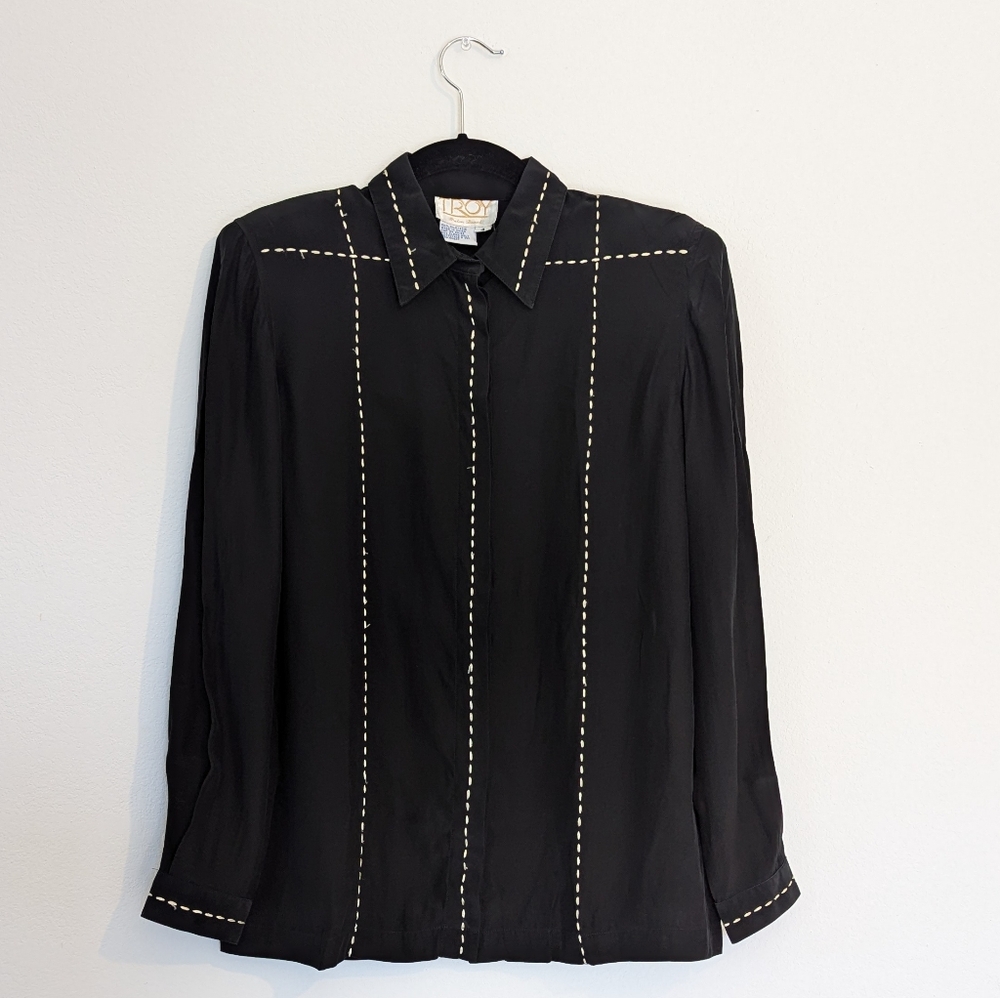 Vintage Silk Black Button Down Size 4 - Picture 1 of 11
